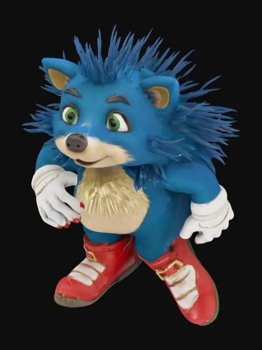 3D model for A small, anthropomorphic porcupine with deep blue fur and sharp, swept-back quills covering his head and back. He has large, expressive green eyes, a light beige muzzle and chest, white gloves on his hands, and oversized red shoes with a white stripe and gold buckle. His build is sleek and agile, built for speed despite his typically spiky appearance.