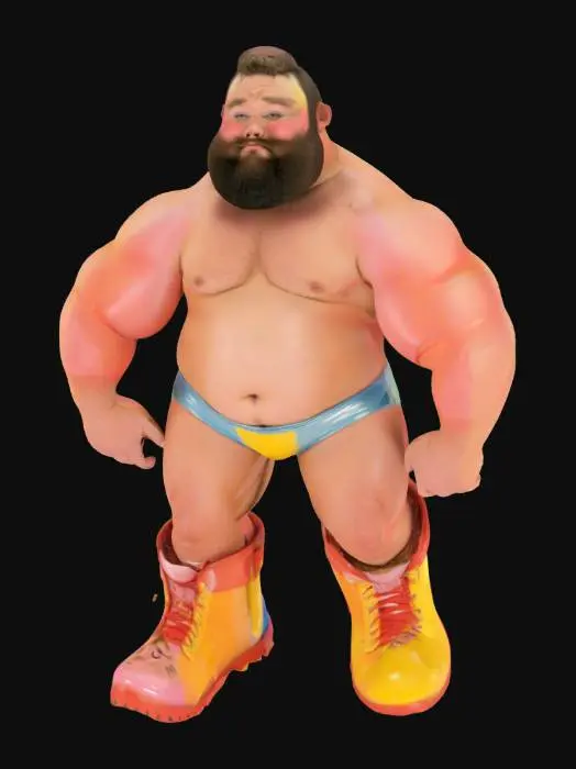 3D model for Fat Obese snuggly chubby bearded wrestler, 1970's tv, translucent shiny spandex, big boots. Very in love and handsome, short trimmed hair and beard. 