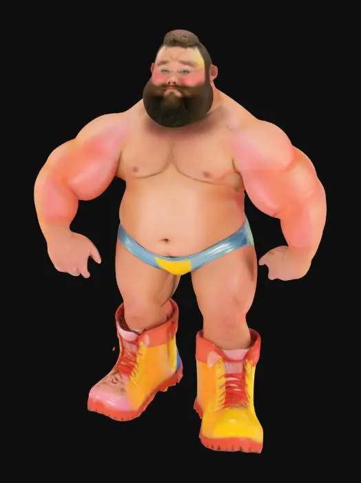 3D model for Fat Obese snuggly chubby bearded wrestler, 1970's tv, translucent shiny spandex, big boots. Very in love and handsome, short trimmed hair and beard. 