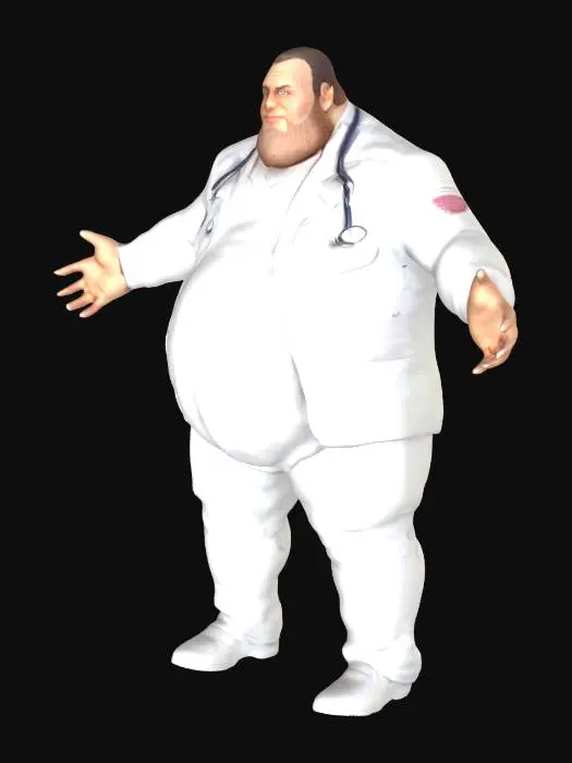 3D model for Fat, chubby, obese bearded leather doctor, big legs and body but strong looking standing proud,arms out to the side , deep - white spandex on latex,  red cross on clothes, full body image 
