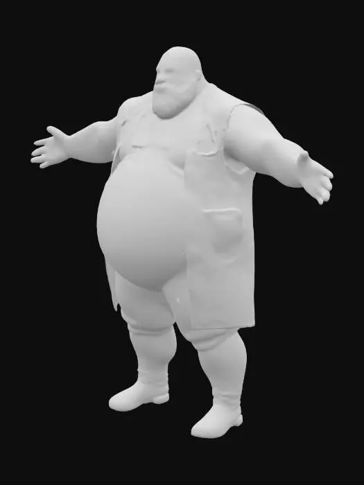 3D model for Fat, chubby, obese bearded leather doctor, big legs and body but strong looking standing proud,arms out to the side , deep - white spandex on latex,  red cross on clothes, full body image 