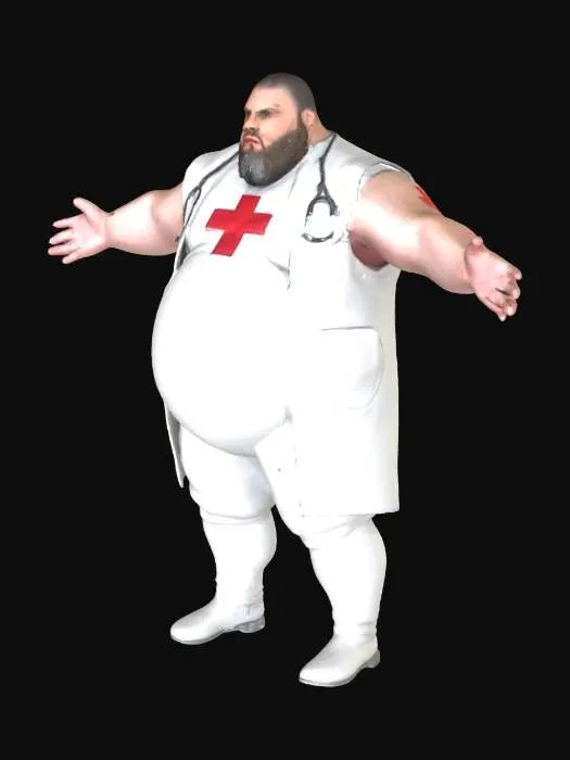 3D model for Fat, chubby, obese bearded leather doctor, big legs and body but strong looking standing proud,arms out to the side , deep - white spandex on latex,  red cross on clothes, full body image 
