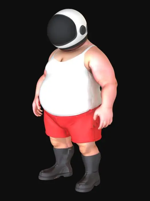 3D model for Fat chubby space action hero in tiny red spandex shorts and black boots, fat belly hanging out. scifi helmet
