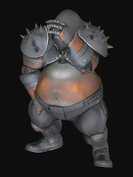 3D model for Fat chubby Adult Robot, black leather and mask hood, spike wrist band, lanky legs, rusty thug robot