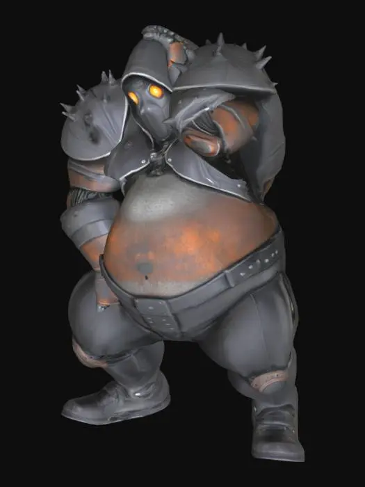 3D model for Fat chubby Adult Robot, black leather and mask hood, spike wrist band, lanky legs, rusty thug robot