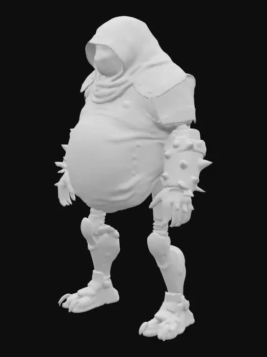 3D model for Fat chubby Adult Robot, black leather and mask hood, spike wrist band, lanky legs, rusty thug robot