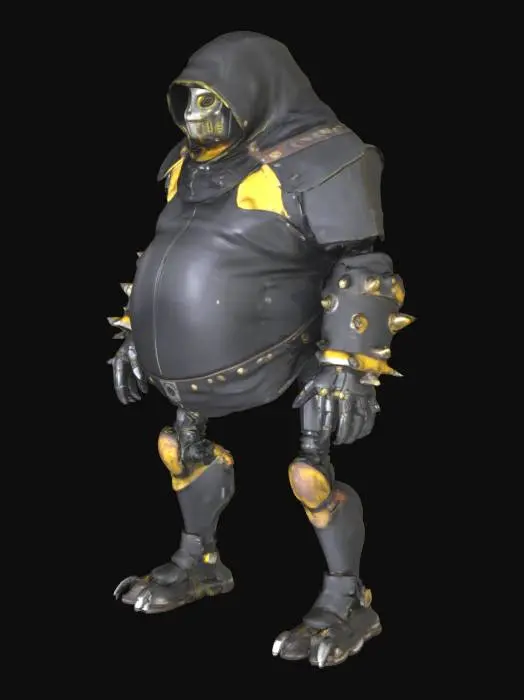3D model for Fat chubby Adult Robot, black leather and mask hood, spike wrist band, lanky legs, rusty thug robot