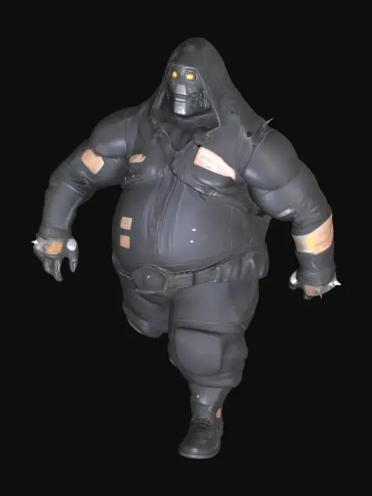 3D model for Fat chubby Adult Robot, black leather and mask hood, spike wrist band, lanky legs, rusty thug robot