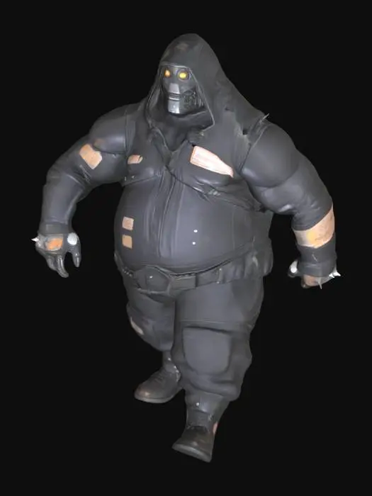 3D model for Fat chubby Adult Robot, black leather and mask hood, spike wrist band, lanky legs, rusty thug robot