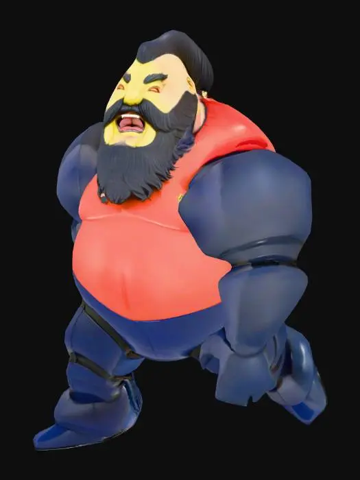 3D model for 500 pound obese bearded gundam cosplay,fat belly, arms out, Harajuku style , tiny latex rubber shorts,thick legs, shiny deep blue and gold latex, neon accents,