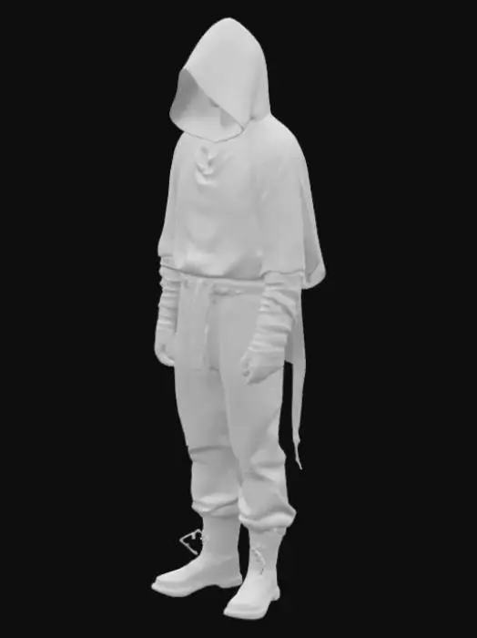 3D model for generate a 3d character for blender ,  male wearing a hood, face not visible , cloths are loose , cloths are black . full sleeves, with only figures visible  