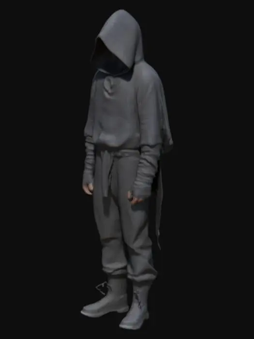 3D model for generate a 3d character for blender ,  male wearing a hood, face not visible , cloths are loose , cloths are black . full sleeves, with only figures visible  