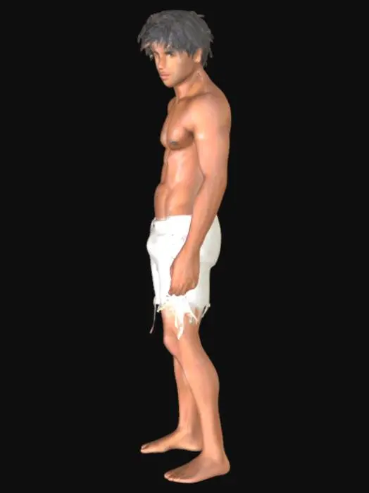 3D model for A ruggedly handsome, muscular young man standing confidently in the middle of a mysterious jungle. His skin is sun-kissed, showing signs of surviving harsh weather. His face has sharp features — a defined jawline, deep expressive eyes, and messy medium-length black hair. He wears only a torn white short pant, revealing his toned chest and abs, as he just survived a brutal plane crash. His body has light scratches and dirt, but he looks determined and strong. The lush jungle surrounds him with dramatic lighting, fog, and distant howls.
Visual Elements:
• Outfit: Only a white short pant (survivor look)
• Body: Muscular but not overly bulky — natural, survival-toned
• Hair: Messy, black, slightly sweaty or dirty