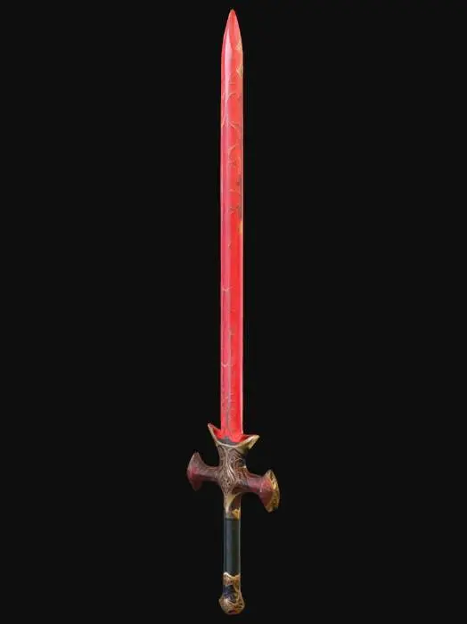 3D model for A fantasy-stylized two-handed sword with a broad, dark obsidian blade, intricately etched with glowing crimson runic veins. Its ornate hilt, crafted from polished black metal with gold accents, offers a robust grip. Pulsating with an internal red mana flow, the blade radiates a subtle, ethereal warmth and vibrant energy, giving it a powerful, magical presence.