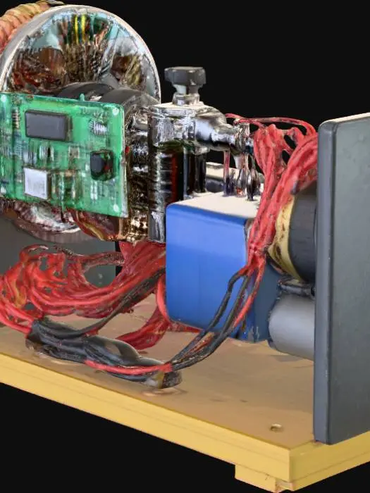 3D model for 3D model of a magnetic energy generator system:
- A rotating disk with 8 cube-shaped magnets (red-blue poles) on a vertical steel shaft.
- Four fixed copper wire coils (yellow) around the disk.
- Green PCB with bridge rectifier and heat sink.
- Blue battery (12V) and gray inverter (500W) connected with red/black cables.
- All components placed on a wooden base (30x30 cm).
- Realistic materials: metallic shine for metals, plastic texture for coils.
- Scale: 1:1, with shadows and lighting.