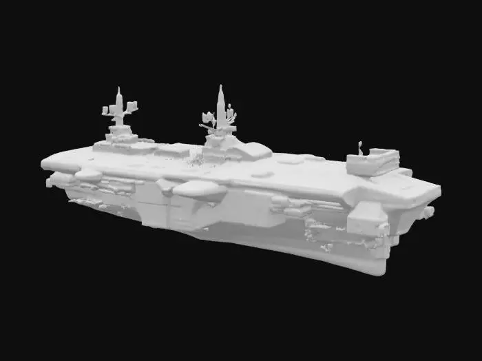 3D model for Massive heavy space carrier spaceship, designed for deep space deployment and war logistics. Industrial and militaristic design language, featuring enormous hangar bays, reinforced armored hulls, modular docking ports, and intricate panel detailing. Towering engine thrusters at the rear, antenna arrays, radar dishes, and small defense turrets across the surface. Design evokes a sense of scale, power, and utility — influenced by sci-fi universes like Halo, Mass Effect, and The Expanse. Matte dark metal color palette with red or blue glowing elements. Cinematic lighting, dramatic shadows, and high detail suitable for cinematic renders or game cinematics.