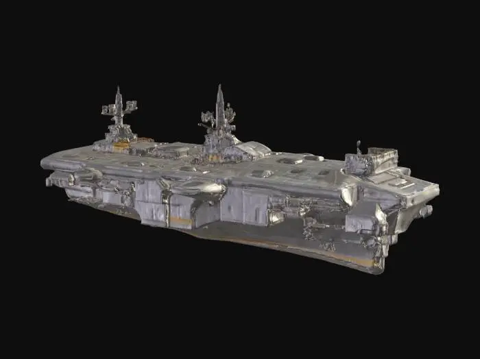 3D model for Massive heavy space carrier spaceship, designed for deep space deployment and war logistics. Industrial and militaristic design language, featuring enormous hangar bays, reinforced armored hulls, modular docking ports, and intricate panel detailing. Towering engine thrusters at the rear, antenna arrays, radar dishes, and small defense turrets across the surface. Design evokes a sense of scale, power, and utility — influenced by sci-fi universes like Halo, Mass Effect, and The Expanse. Matte dark metal color palette with red or blue glowing elements. Cinematic lighting, dramatic shadows, and high detail suitable for cinematic renders or game cinematics.