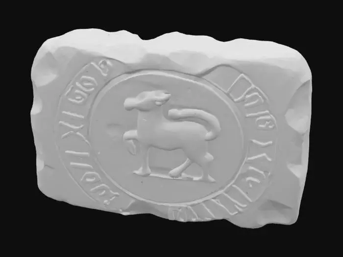 3D model for An animal symbol on a rough clay tablet. hieroglyphic writing in small lines like handwriting around the animal symbol. very detailed old stone/clay look  