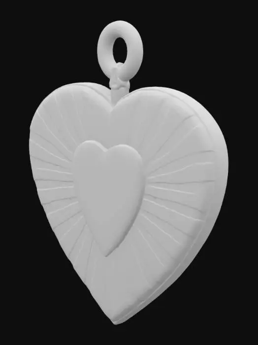 3D model for flat-bottomed charm with raised heart and burst rainbow lines, and a top connector loo