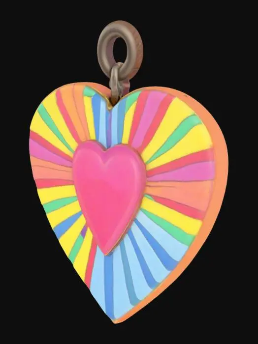 3D model for flat-bottomed charm with raised heart and burst rainbow lines, and a top connector loo