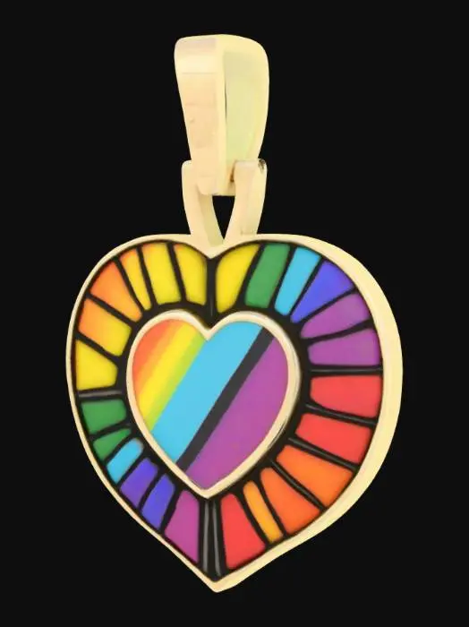 3D model for flat-bottomed charm with raised heart and burst rainbow lines, and a top connector loo