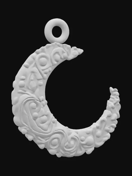 3D model for give me a flat charm with a flush loop connector at the top - a detailed elegant carved crescent moon 