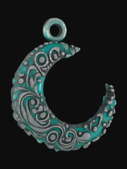 3D model for give me a flat charm with a flush loop connector at the top - a detailed elegant carved crescent moon 