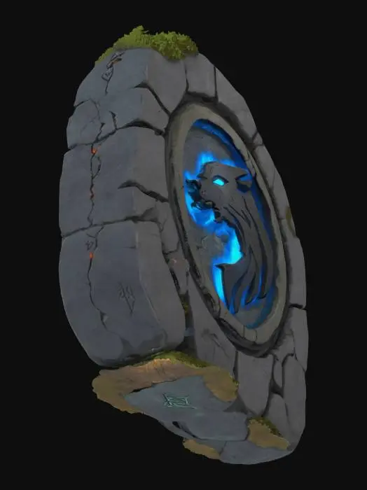 3D model for old broken rune with glowing wolf symbol