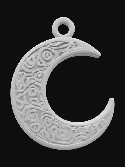 3D model for flat charm with a flush loop connector at the top - a detailed, elegant, thick, carved fat crescent moon 