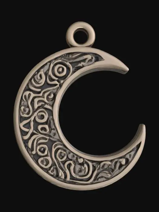 3D model for flat charm with a flush loop connector at the top - a detailed, elegant, thick, carved fat crescent moon 