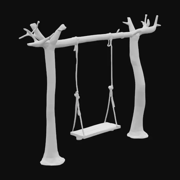 3D model for grassy spring meadow scene with lush tree. Old wooden plank swing hanging from ropes connected to tree branch. 