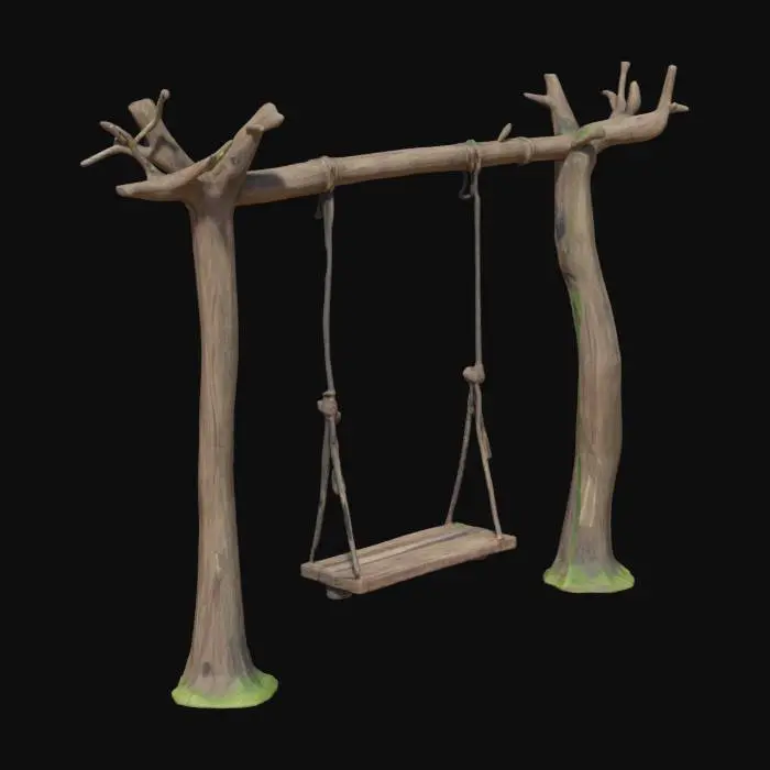 3D model for grassy spring meadow scene with lush tree. Old wooden plank swing hanging from ropes connected to tree branch. 