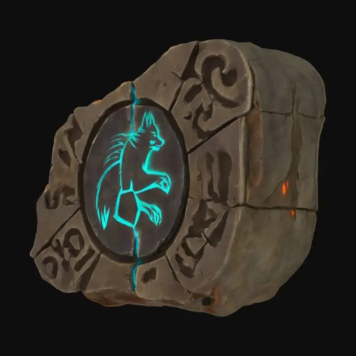 3D model for old broken rune with glowing wolf symbol