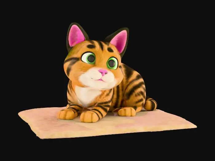 3D model for A realistic 3D model of a domestic tabby cat with a round face and short to medium-length fur. The cat has brown and black striped fur with subtle hints of gray, and a lighter-colored chest and underside. It has alert green eyes, a pink nose, and dark ears with light fur inside. The cat's tail is thick with black rings, and it has a soft, plush appearance. Please model the cat in a loaf pose (legs tucked underneath) and also provide a relaxed laying pose on a blanket. Aim for lifelike fur texture, natural coloration, and a friendly but slightly serious expression.