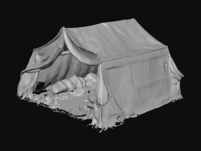 3D model for A temporary refugee shelter tent transformed by daily life, showing signs of habitation. Clothes are hanging to dry, piles of personal belongings are scattered around, people are busy with daily tasks. Someone is cooking at an open-air kitchen nearby. The tent looks lived-in and repurposed. The environment feels human and improvised, full of activity and resilience.