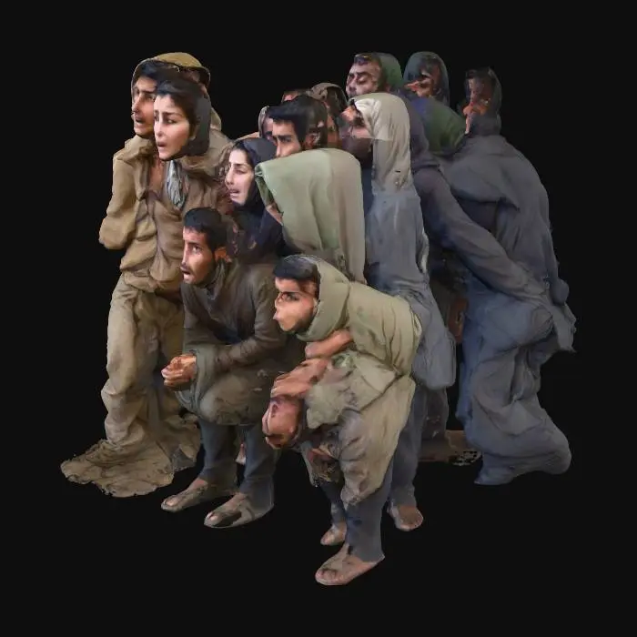 3D model for 一群难民（约10人），密集地站在一个1米宽、4米长的狭小空间中，身体挨着身体，表情严肃，