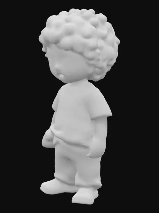 3D model for A quirky, cartoonish character with caramel-colored skin, resembling Morty from Rick and Morty. They have a large, messy black afro full of volume and flyaway strands. Their face is expressive with big eyes, exaggerated pupils, a round nose, and a crooked mouth, showing nervousness and confusion. They wear a slightly oversized yellow t-shirt and blue jeans, adding to the awkward vibe. Their posture is slouched, hands wringing or holding a strange gadget. The color palette includes caramel skin, a black fro, yellow shirt, and blue jeans, with a sci-fi background to match the multiverse theme.