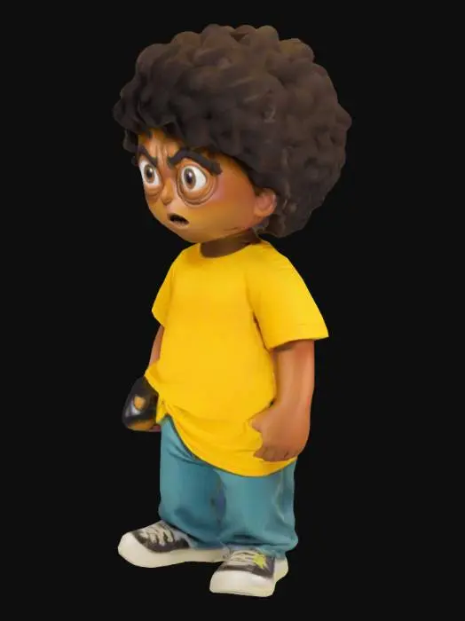 3D model for A quirky, cartoonish character with caramel-colored skin, resembling Morty from Rick and Morty. They have a large, messy black afro full of volume and flyaway strands. Their face is expressive with big eyes, exaggerated pupils, a round nose, and a crooked mouth, showing nervousness and confusion. They wear a slightly oversized yellow t-shirt and blue jeans, adding to the awkward vibe. Their posture is slouched, hands wringing or holding a strange gadget. The color palette includes caramel skin, a black fro, yellow shirt, and blue jeans, with a sci-fi background to match the multiverse theme.