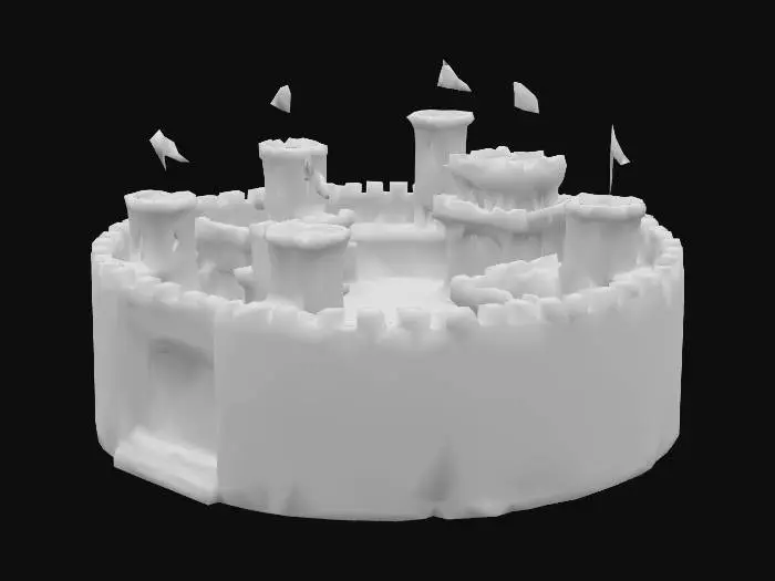 3D model for colossal stone walls in a circular built from the same pale-gray, enchanted stone as the castle, built in a circle to surround towns etc, giving them a unified and fortified look. They rise high above the buildings inside, thick and imposing, with wide walkways along the top for guards. The walls are lined with crenellations for defense and dotted with evenly spaced square lookout towers that project slightly outward for better visibility. The walls features a grand gatehouse with a massive open reinforced gate door and portcullis, while smaller, less ornate postern gates are hidden along the perimeter for patrols. Decorative banners and faintly glowing crystal inlays add to the mystical theme while emphasizing the town’s protected, magical atmosphere.