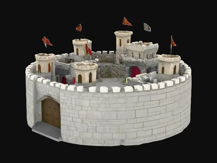 3D model for colossal stone walls in a circular built from the same pale-gray, enchanted stone as the castle, built in a circle to surround towns etc, giving them a unified and fortified look. They rise high above the buildings inside, thick and imposing, with wide walkways along the top for guards. The walls are lined with crenellations for defense and dotted with evenly spaced square lookout towers that project slightly outward for better visibility. The walls features a grand gatehouse with a massive open reinforced gate door and portcullis, while smaller, less ornate postern gates are hidden along the perimeter for patrols. Decorative banners and faintly glowing crystal inlays add to the mystical theme while emphasizing the town’s protected, magical atmosphere.