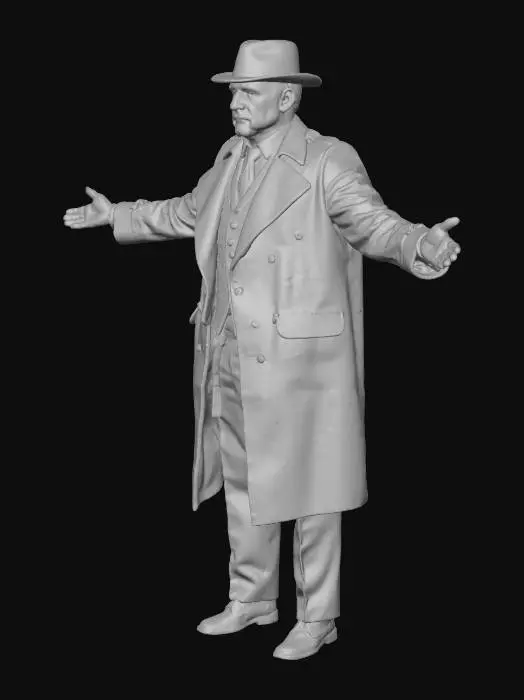 3D model for A man in a vintage 1930s grey suit and hat and brown trenchcoat. Please make him in a t-pose.