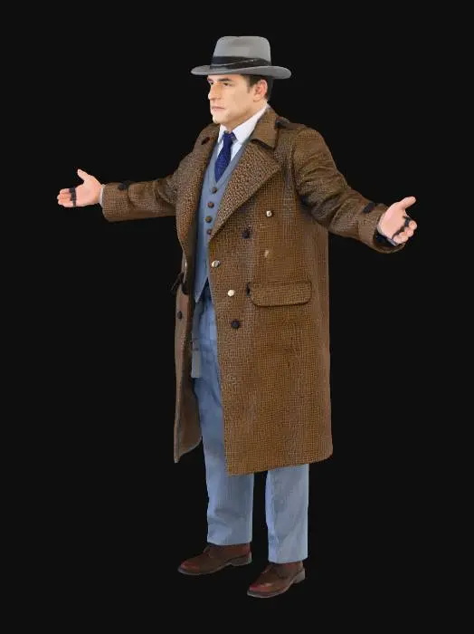 3D model for A man in a vintage 1930s grey suit and hat and brown trenchcoat. Please make him in a t-pose.