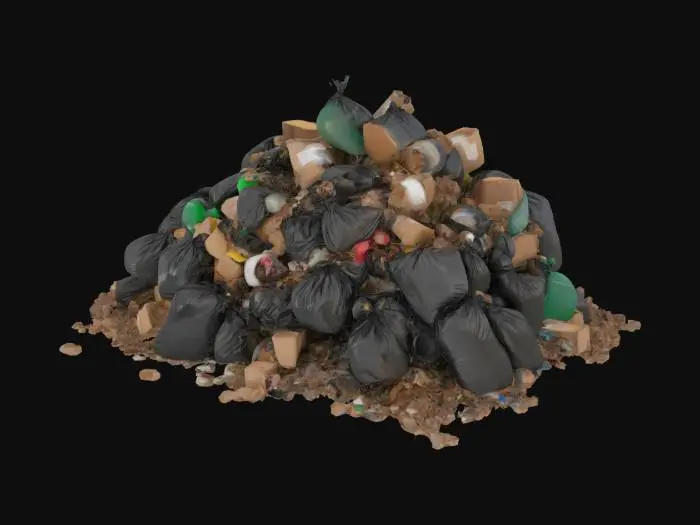 3D model for large rectangular wall of trash, garbage, and filth. disgusting trash bags, bottles, boxes, cans, rotten food make up the wall of garbage