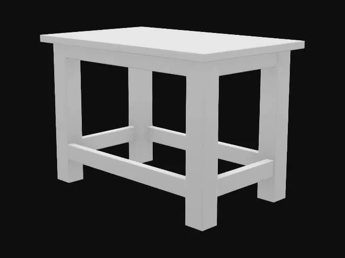 3D model for Make a simple rustic tool shed table that has wood 2x4 legs and a rectangular plywood table top. something that would be found in a tool shed or a poorly made craft bench