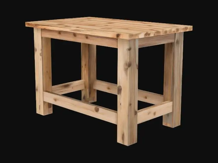3D model for Make a simple rustic tool shed table that has wood 2x4 legs and a rectangular plywood table top. something that would be found in a tool shed or a poorly made craft bench
