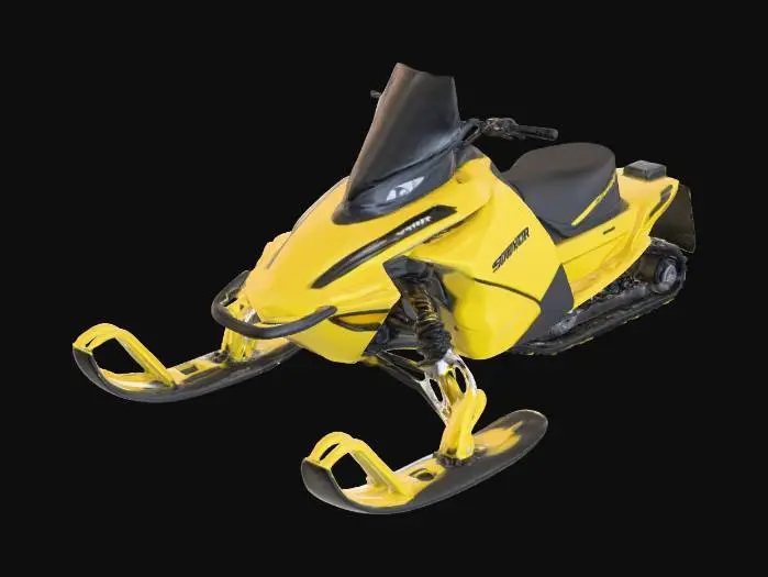 3D model for highly realistic 3D model of a modern snowmobile. vehicle should feature a streamlined, aerodynamic body with a bright yellow and black color scheme. front should include two skis with suspension arms, detailed shocks, and a sturdy frame. seat should be black, long, and slightly raised at the back for comfort. rear track should be modeled with realistic tread detail, rollers, and suspension components, designed to look functional. Include handlebars with visible grips, throttle/brake controls, and a windshield. model should use PBR materials: glossy paint for the body, matte rubber for the skis and track, and metallic textures for mechanical parts. Optimized for Unreal Engine 5, clean geometry suitable for both cinematics and gameplay use. Only snowmobile should be included, no background.