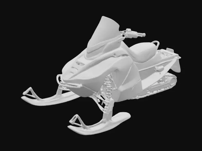 3D model for A realistic 3D model of a modern black snowmobile, inspired by Polaris design. Sleek, angular body with matte black panels, subtle gray details, and small yellow/blue accents on suspension. Front skis slightly curved upward, linked with coil-over shocks and visible bolts. Aggressive front cowl with vents, clear glass headlights, and a tinted windshield. Handlebars include grips, brake/throttle controls, and cables. Long padded seat, black with stitching, leading to a detailed rear track system: rubber tread, rollers, and suspension arms. Use PBR textures: matte paint, metallic frame, rubber skis/track. Optimized for Unreal Engine 5, no background.