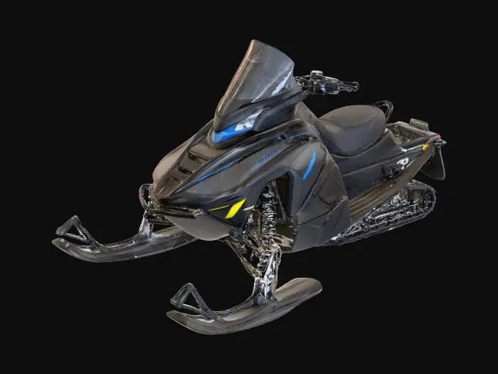 3D model for A realistic 3D model of a modern black snowmobile, inspired by Polaris design. Sleek, angular body with matte black panels, subtle gray details, and small yellow/blue accents on suspension. Front skis slightly curved upward, linked with coil-over shocks and visible bolts. Aggressive front cowl with vents, clear glass headlights, and a tinted windshield. Handlebars include grips, brake/throttle controls, and cables. Long padded seat, black with stitching, leading to a detailed rear track system: rubber tread, rollers, and suspension arms. Use PBR textures: matte paint, metallic frame, rubber skis/track. Optimized for Unreal Engine 5, no background.
