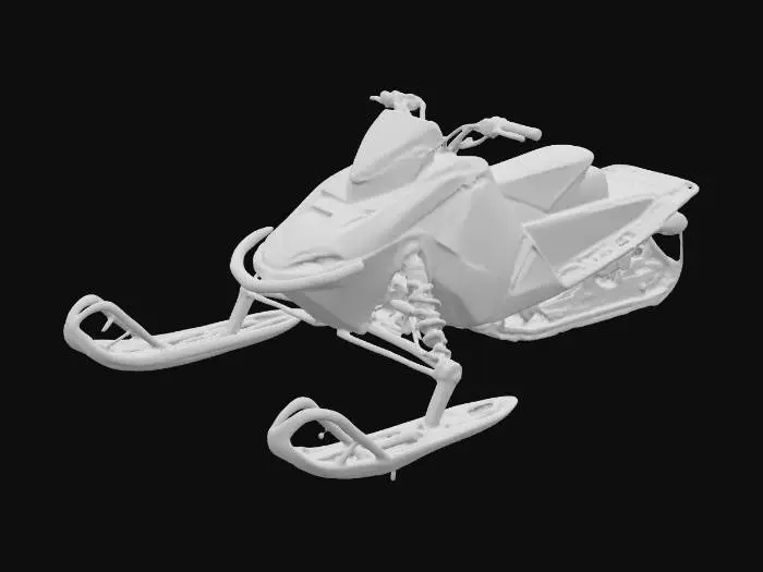 3D model for A realistic 3D model of a modern Polaris snowmobile. Sleek, angular body panels in red and black with white decals, yellow vent accents, and exposed suspension. Front skis are black with red arms, slightly curved upward, connected by detailed shocks, springs, and bolts. Include handlebars with textured grips, brake/throttle controls, and a small windshield. Long black padded seat with stitching, tapering into the rear tread system. Rear track should feature realistic rubber treads, rollers, and suspension arms with red side rails. Use PBR textures: glossy paint, matte rubber, metallic shocks. Optimized for Unreal Engine 5. Standalone asset, no background.