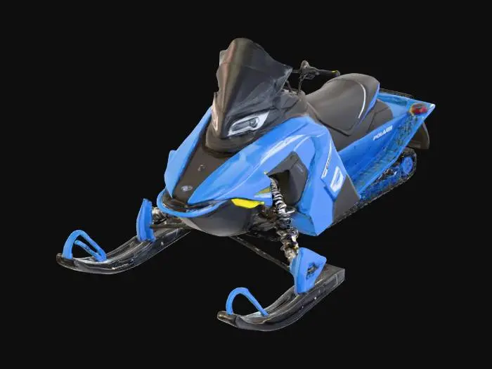 3D model for A realistic 3D model of a modern Polaris snowmobile with a sharp, aerodynamic body. Main panels are bright blue with black and gray accents, white decals, and small yellow vent details. Front skis are black with blue arms, slightly curved upward, connected by detailed coil-over shocks, springs, and bolts. Aggressive cowl design with vents, integrated clear glass headlights, and a tinted windshield. Include handlebars with grips, brake/throttle controls, and cables. Long black padded seat with stitching, leading to a realistic rear tread system with rubber track, rollers, and suspension arms. Use PBR textures: glossy paint, matte rubber, metallic shocks. Optimized for Unreal Engine 5, standalone asset, no background.